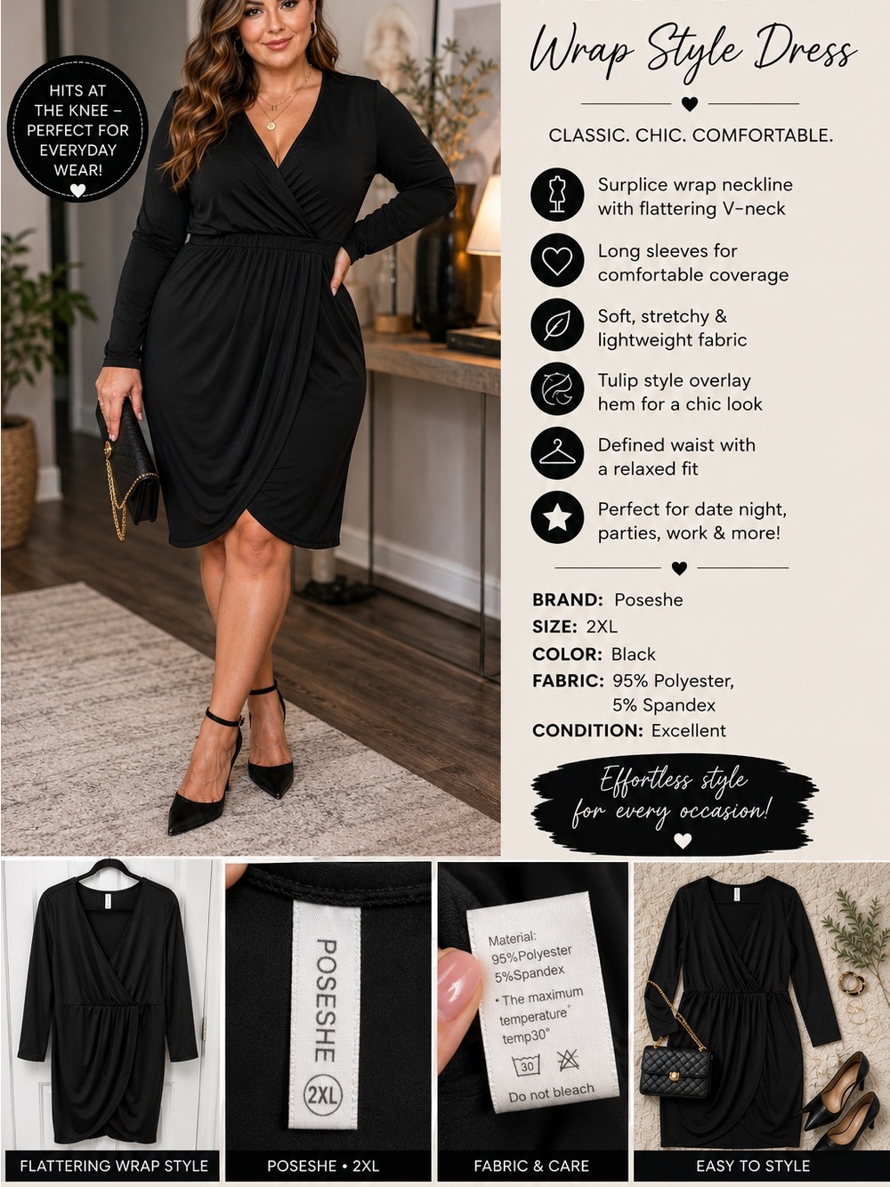 Poseshe Black Long-Sleeve Wrap Midi Dress
